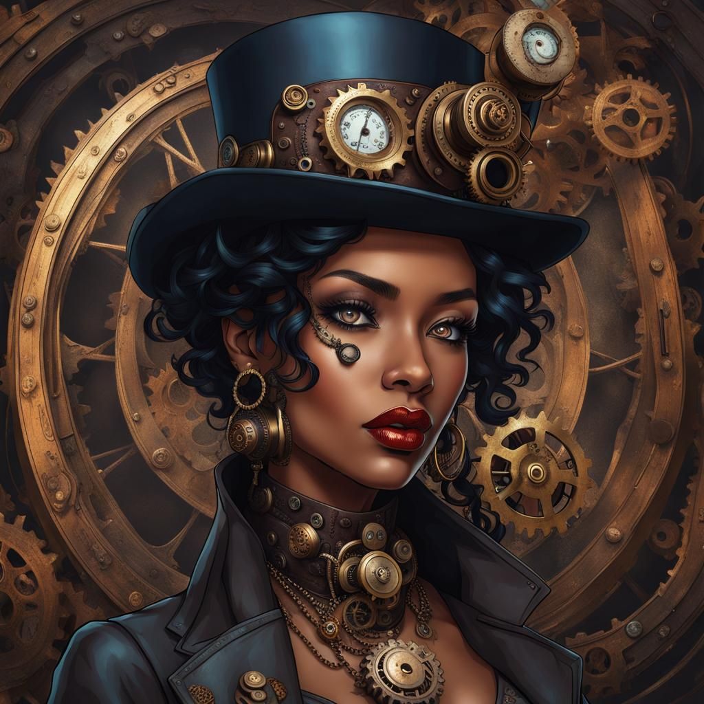 Steampunk Woman Portrait with Blue Eyes and Gears