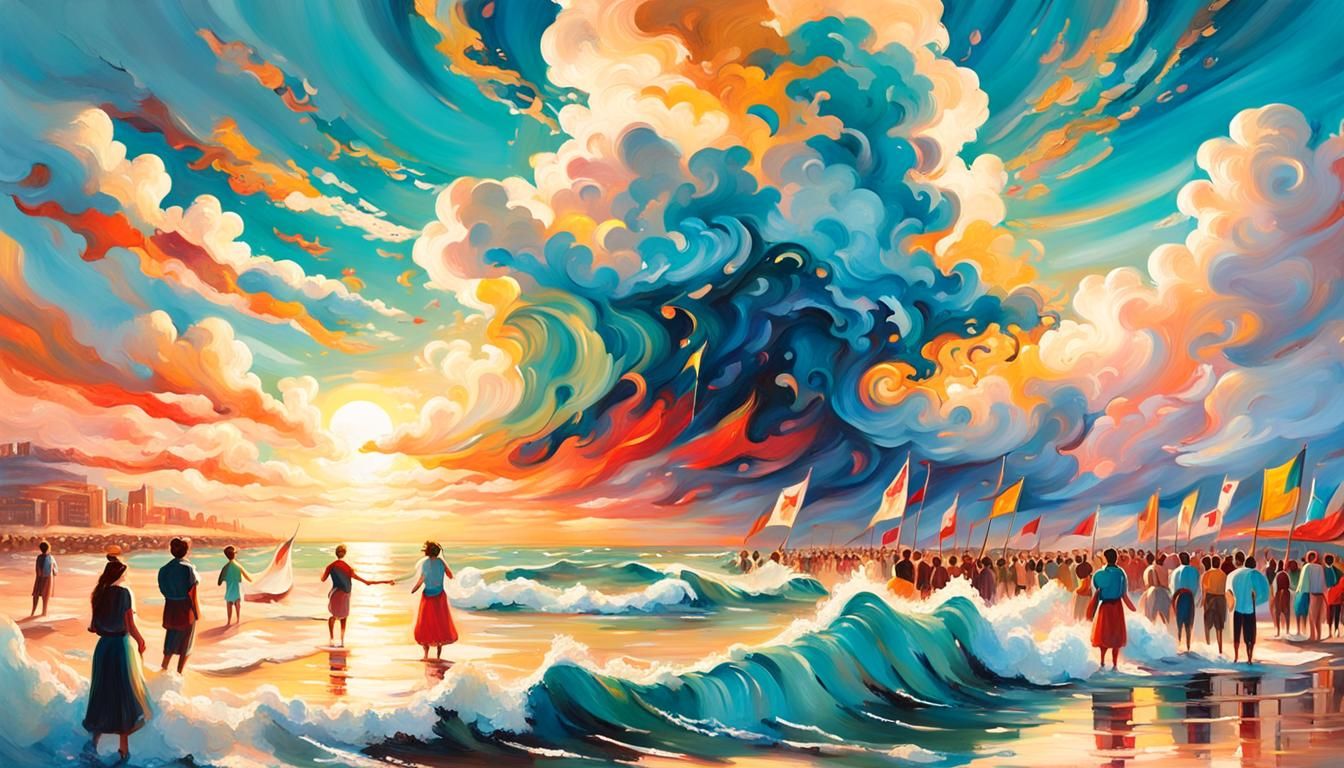 Bustling Shore Oil Painting with Raised Banners