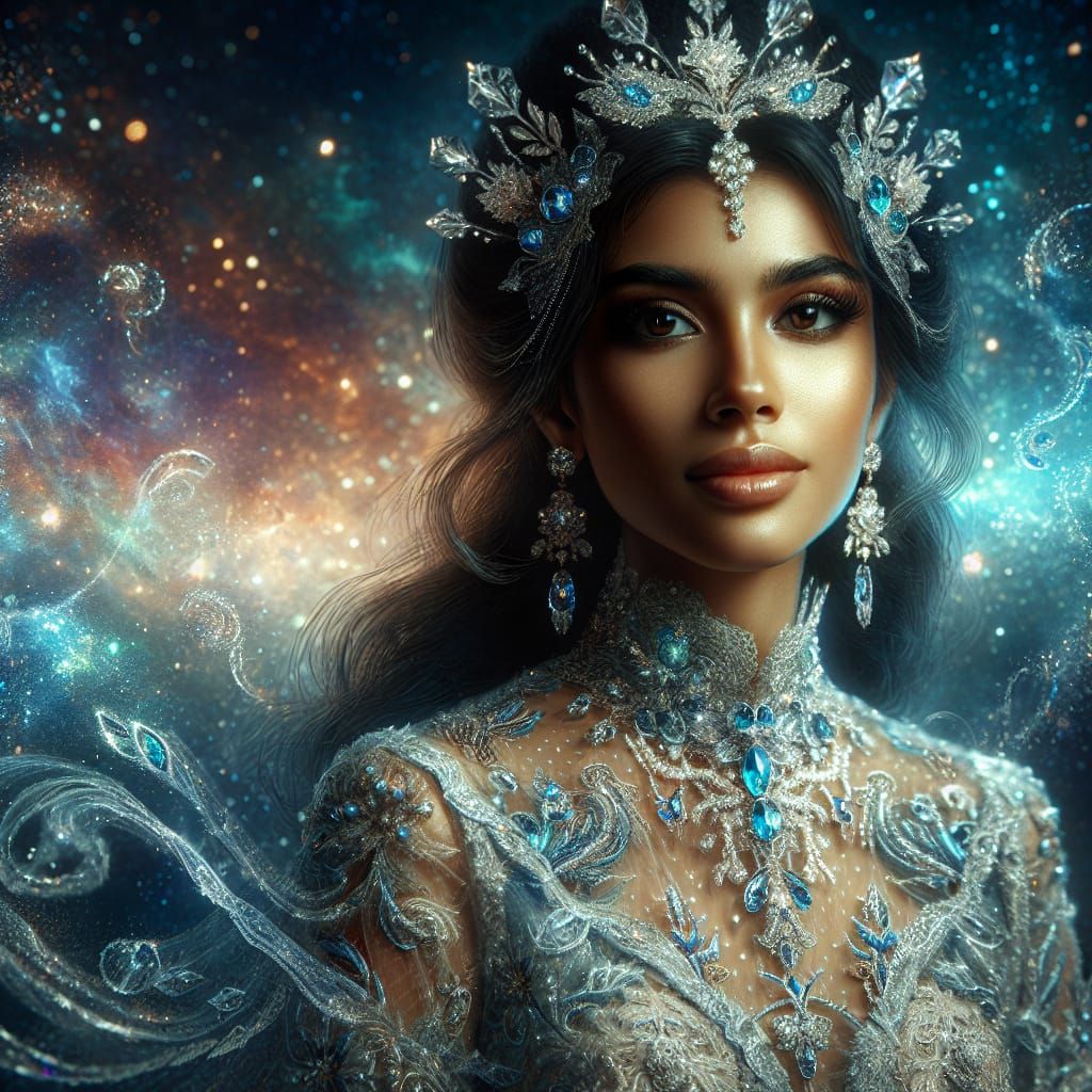 Hispanic Woman in Glass Dress Against Night Sky