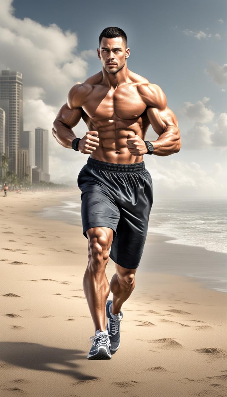 Muscular Man Jogging on Beach in Gray Speedos