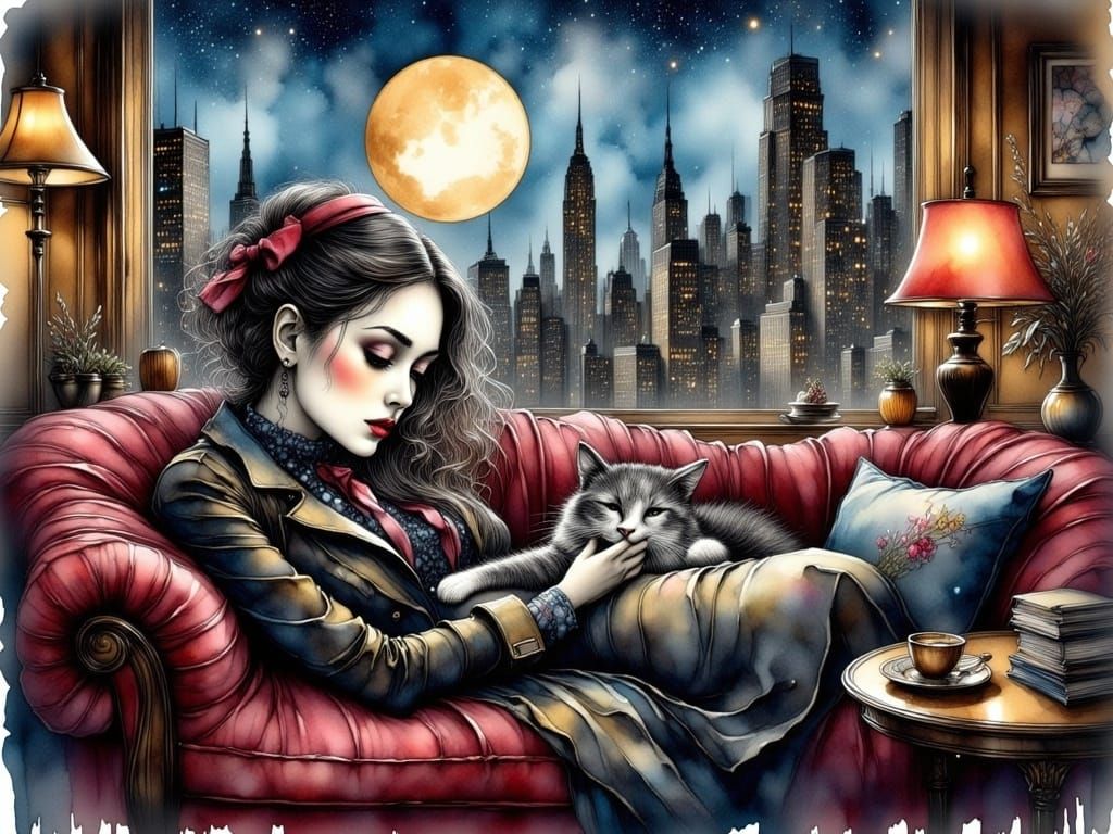 Young Woman in Manhattan Apartment, Ink Drawing Style