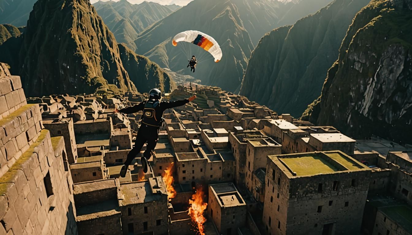 Skydiver Landing in Machu Picchu: Dystopian Hyperrealism