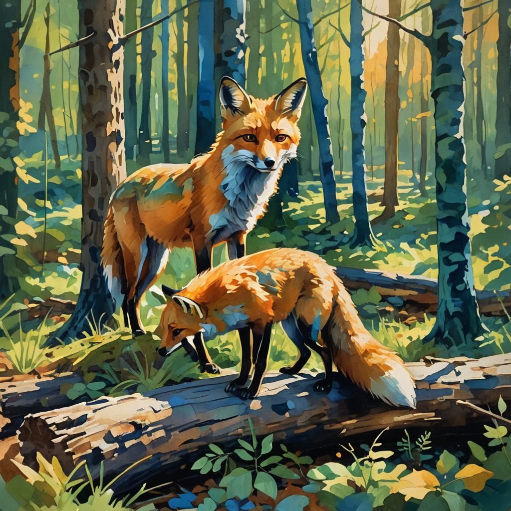 Fox in Forest: Gouache Impressionist Masterpiece