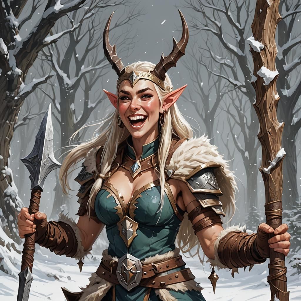 Laughing High Elf Barbarian in Winter Landscape