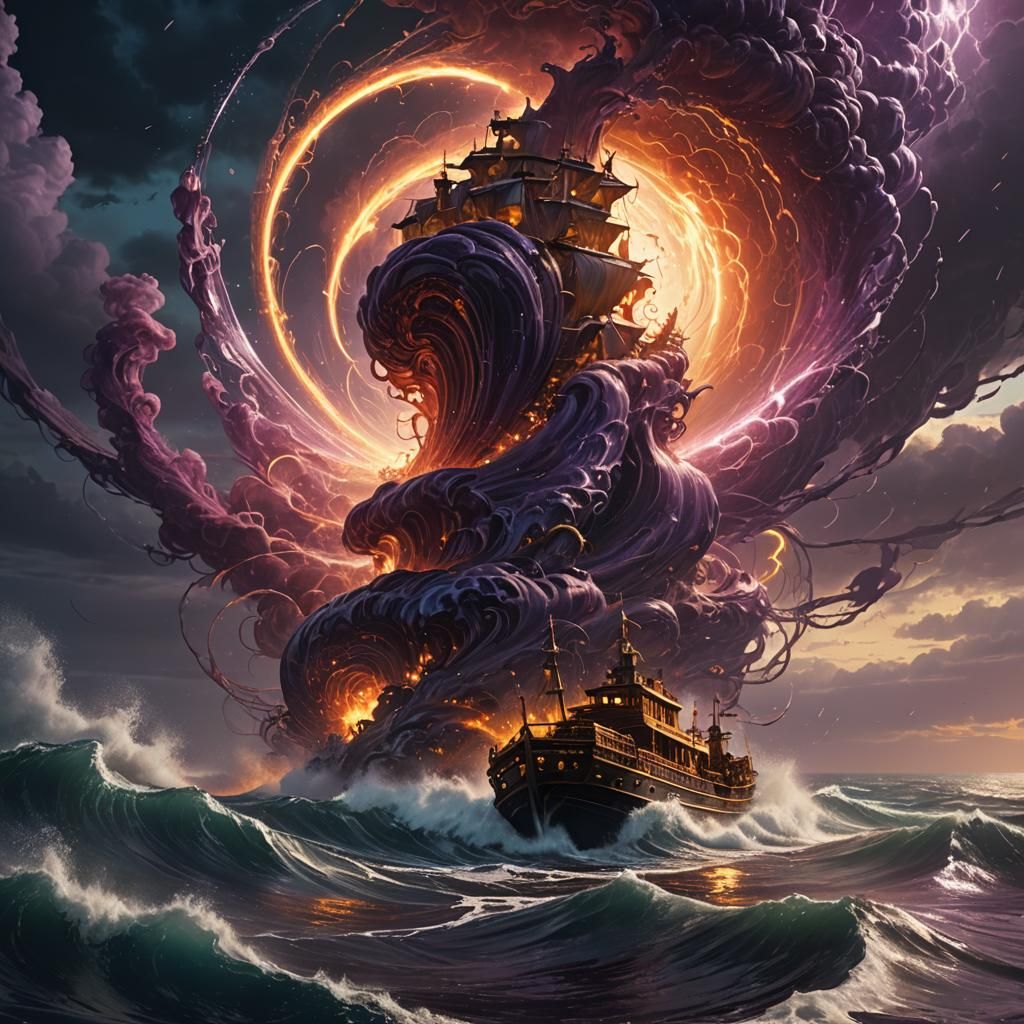 Red Tornado Over Ocean: Dark Fantasy Concept Art