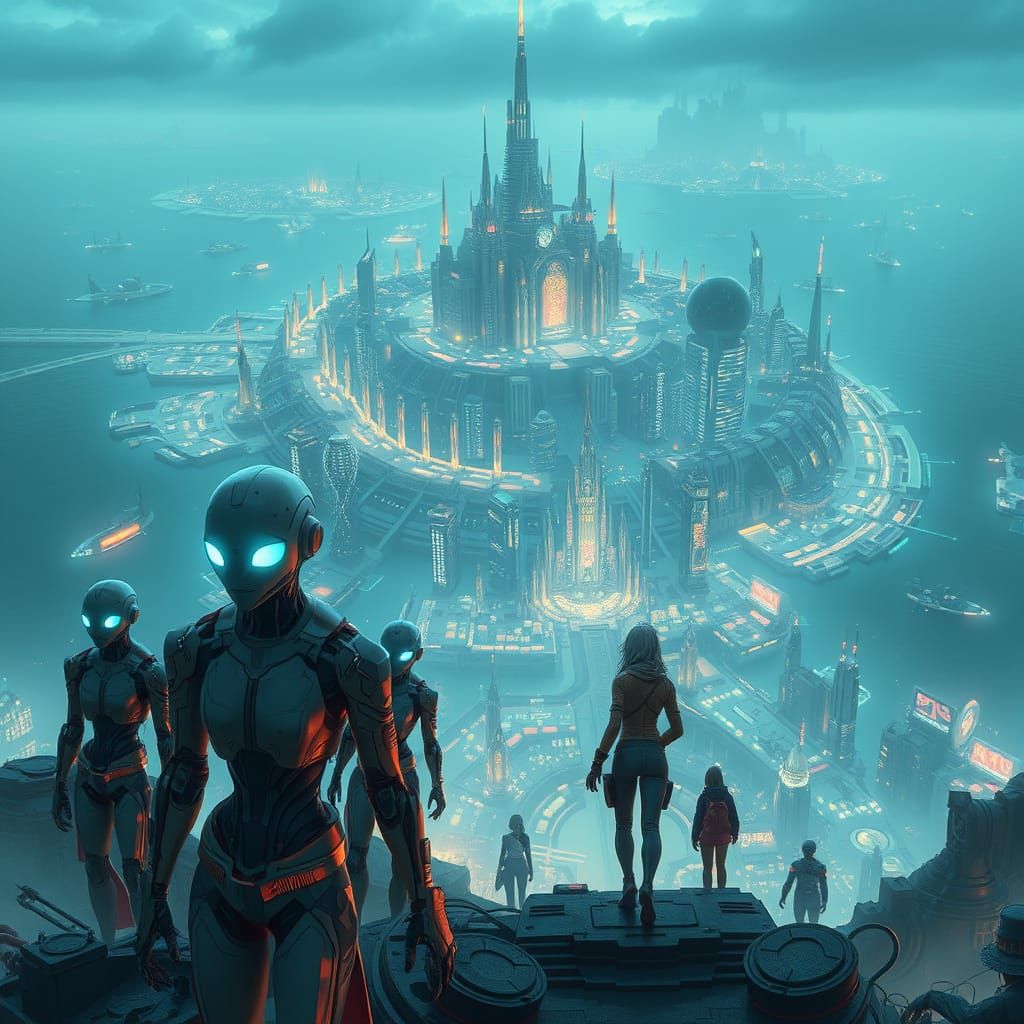 Futuristic Metropolis Dominated by Humanoid Robots in Cyberp...