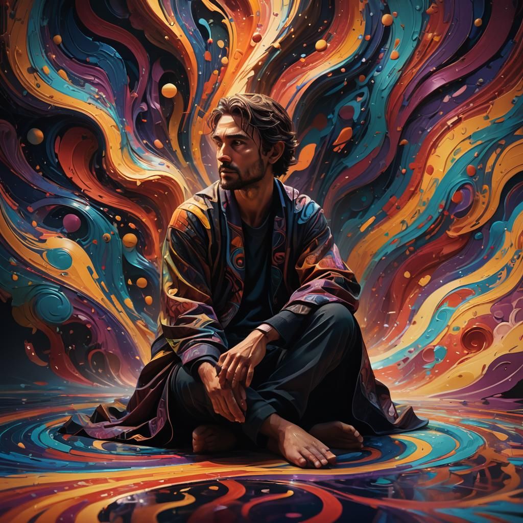 Contemplative Figure Amidst Swirling Colors: 3D Rendering