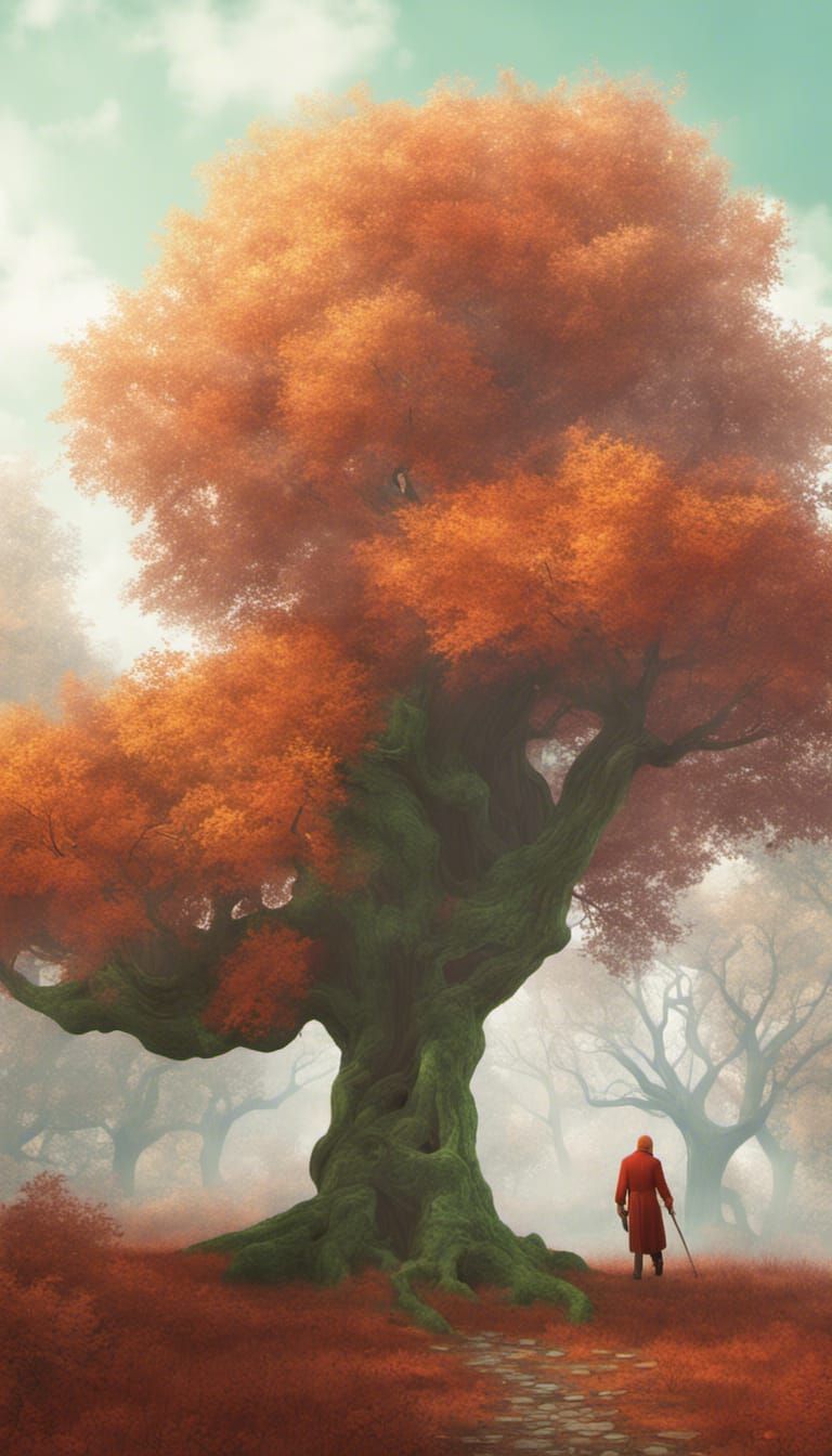 Autumn Creature Sneaks Toward Green Tree