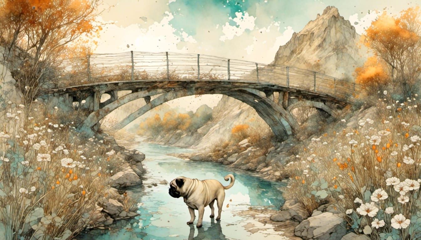 Pug on Bridge with Mountain and Flowers