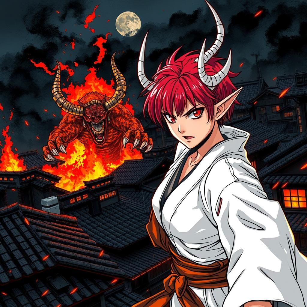 Anime Woman vs Oni in Burning City