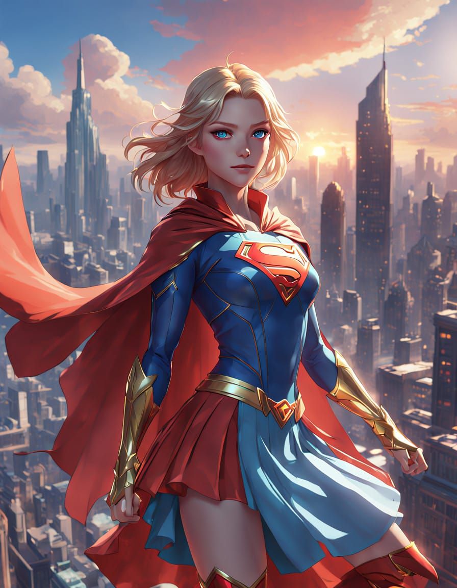 Confident Supergirl Soars Above the City in a Vibrant Sunset