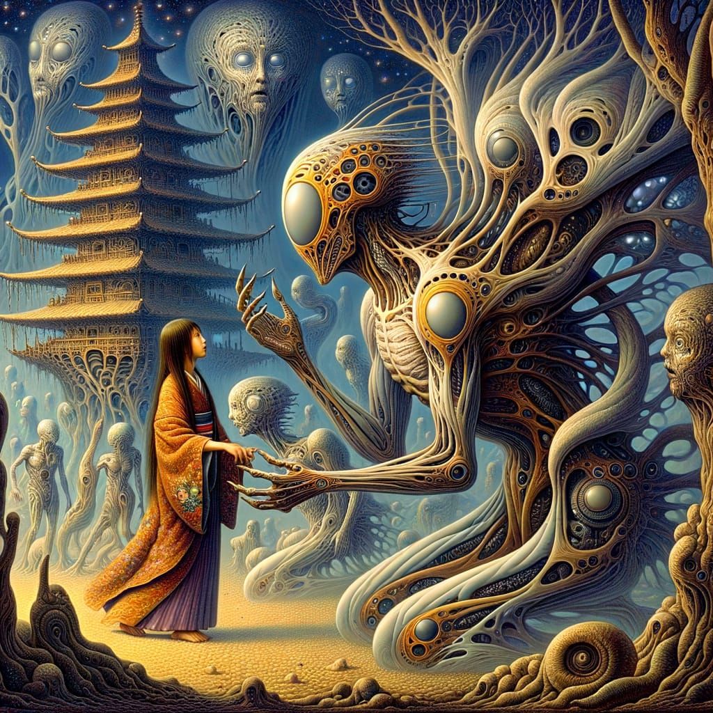 Surreal Biomechanical Entity in Dreamscape, Symbolist Style