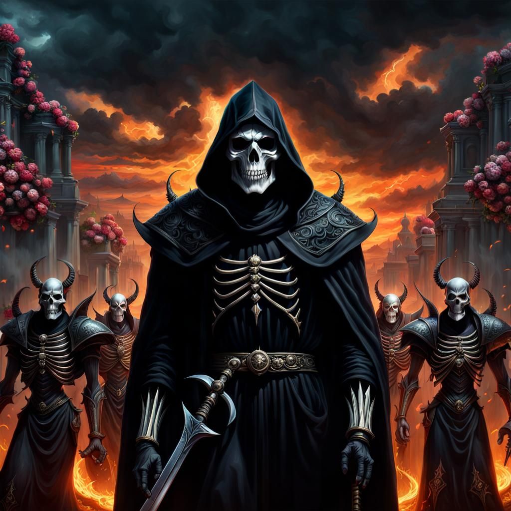 Grim Reaper Portrait with Demons in Dark Fantasy Art