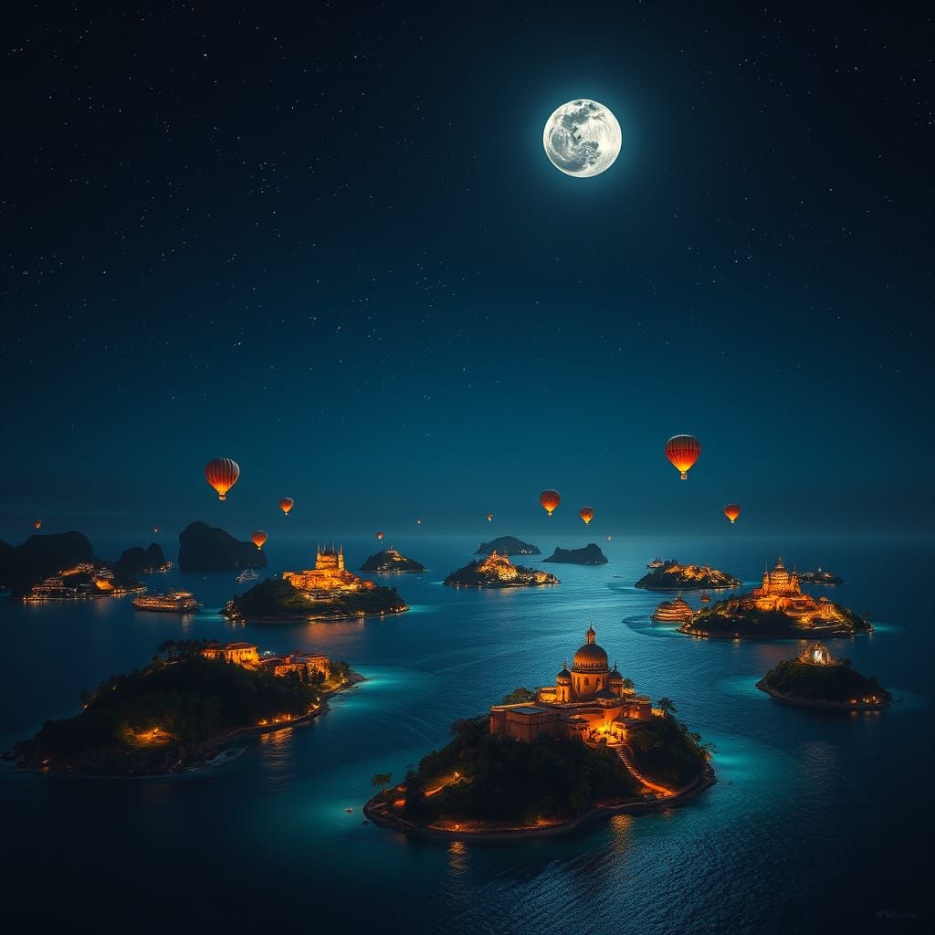Night Island Cities with Balloons Under Moonlight