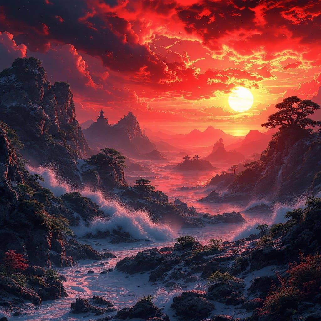 Sunrise in a Fantastical Land of Vibrant Hues and Intricate....