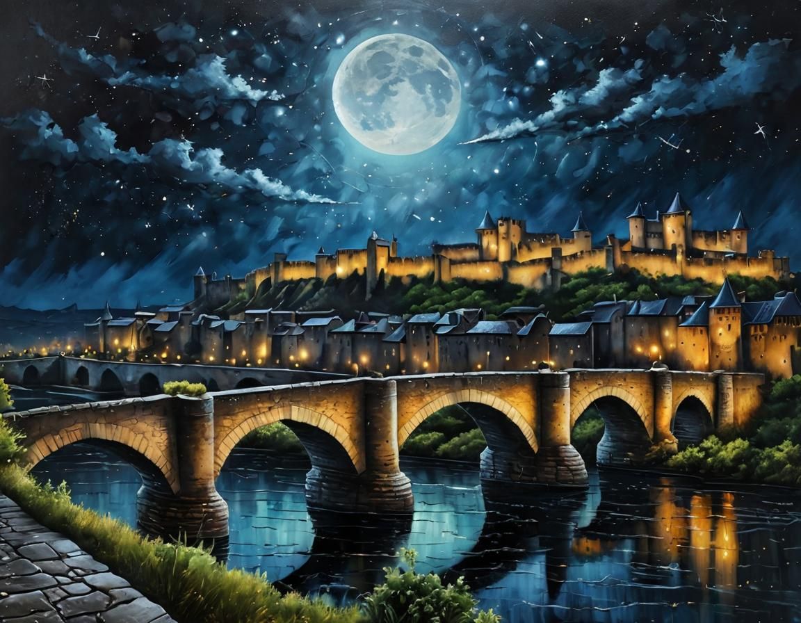Moonlit Carcassonne: A Dark Fantasy Acrylic Painting