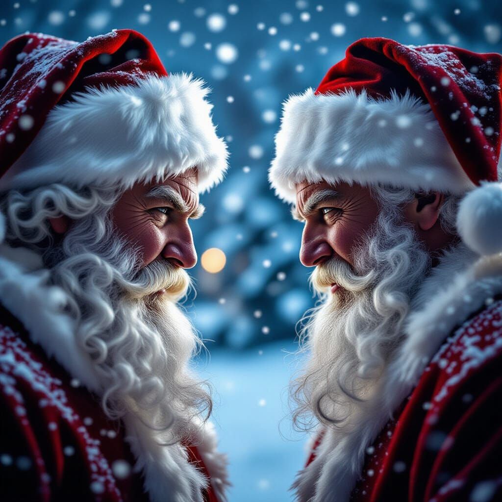Rival Santa Clauses Confrontation in Snowy Blizzard