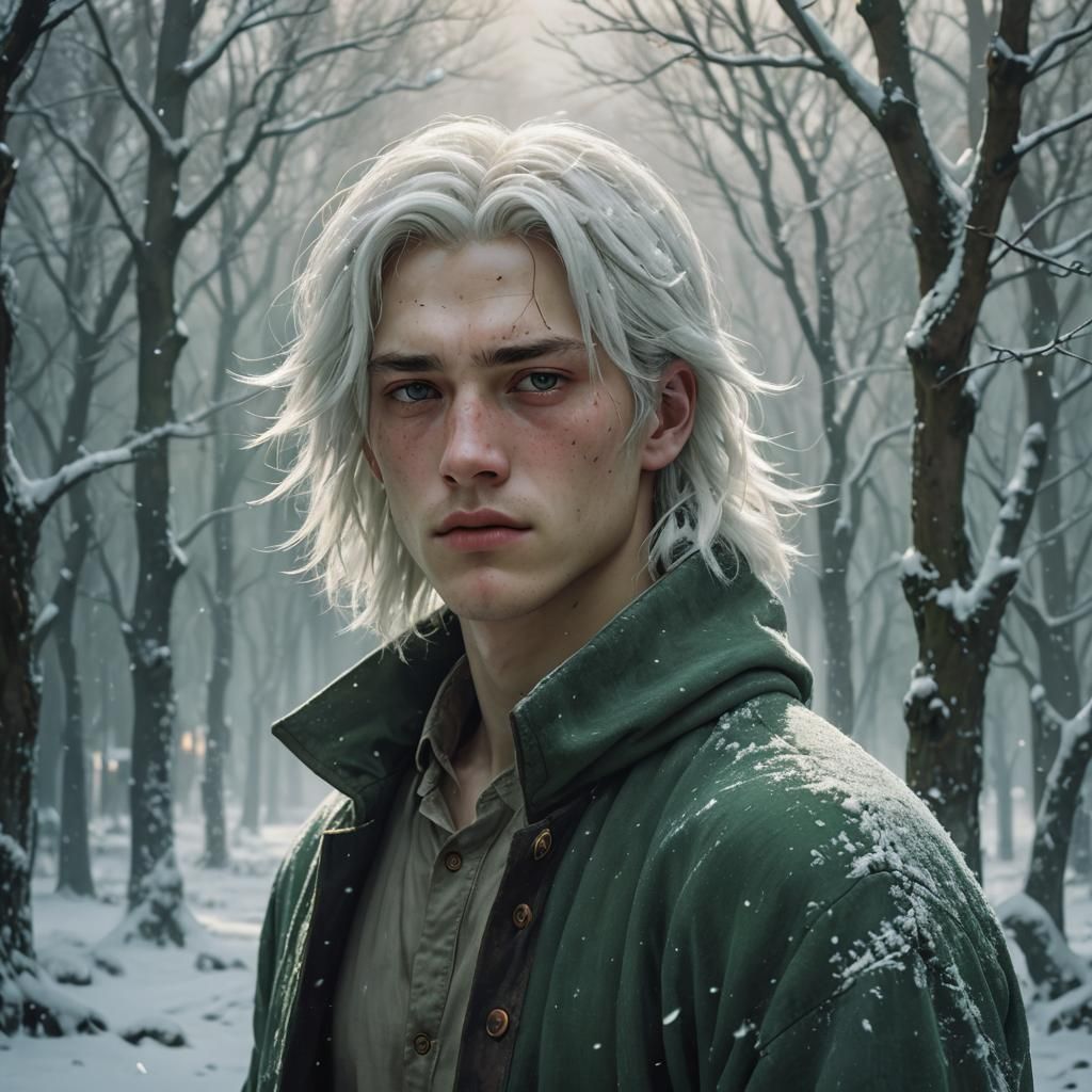 Teenage Male with Snow White Hair, in Realism Style