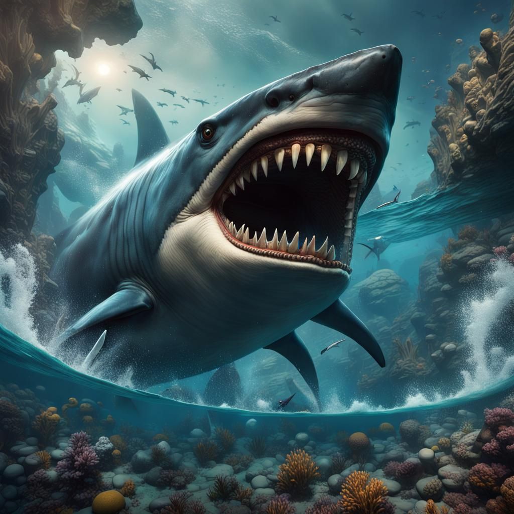 Megalodon About to Devour Sharks: Detailed Matte Painting