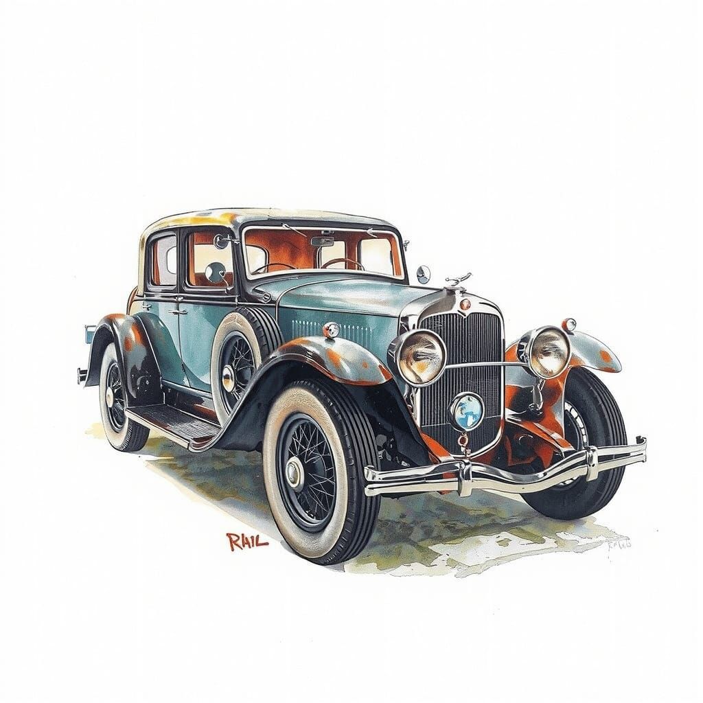 Heavy Metal Antique Car Art in Fine-Tuned Watercolor Style