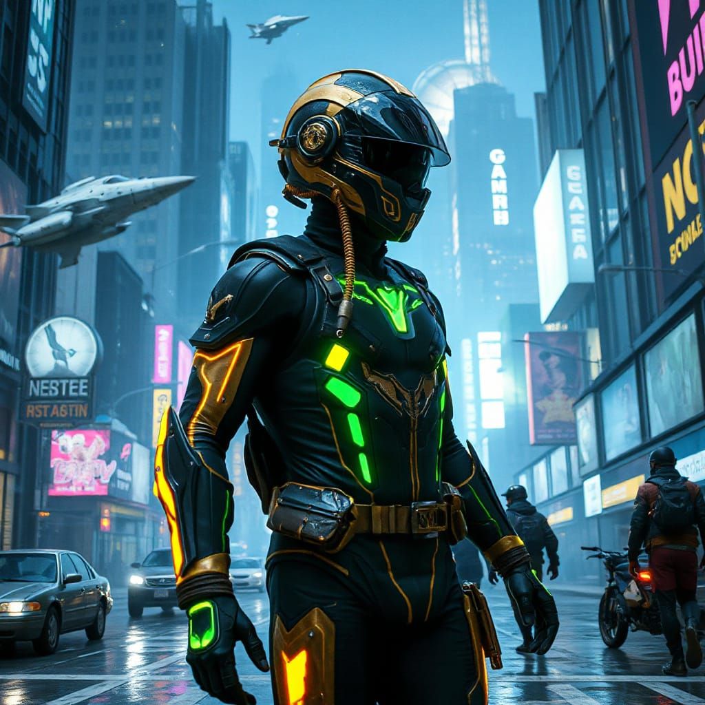 African Space Warrior in Futuristic Cyberpunk City