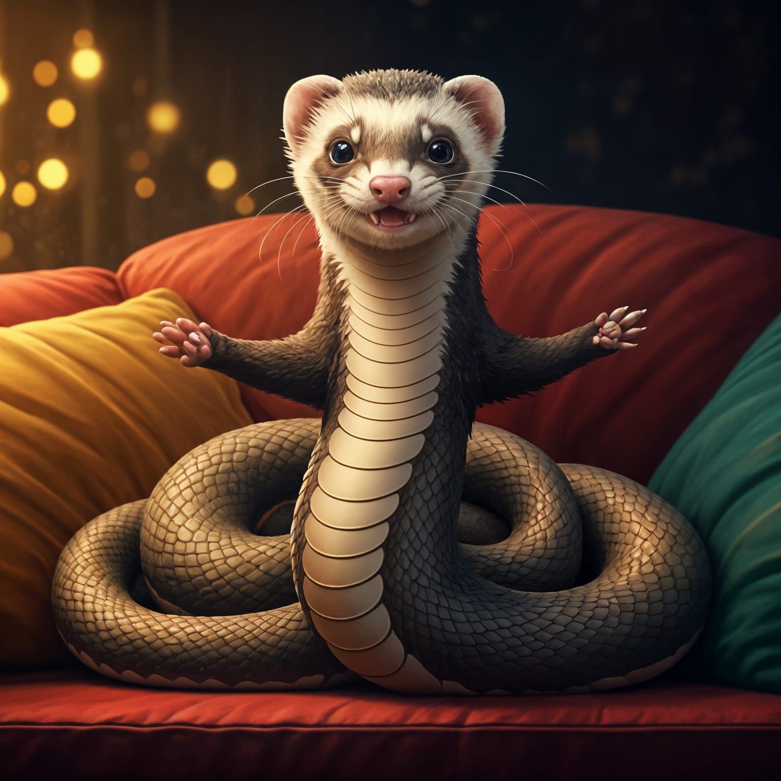 Surreal Ferret-Snake Creature Enjoys Cozy Living Room Moment...