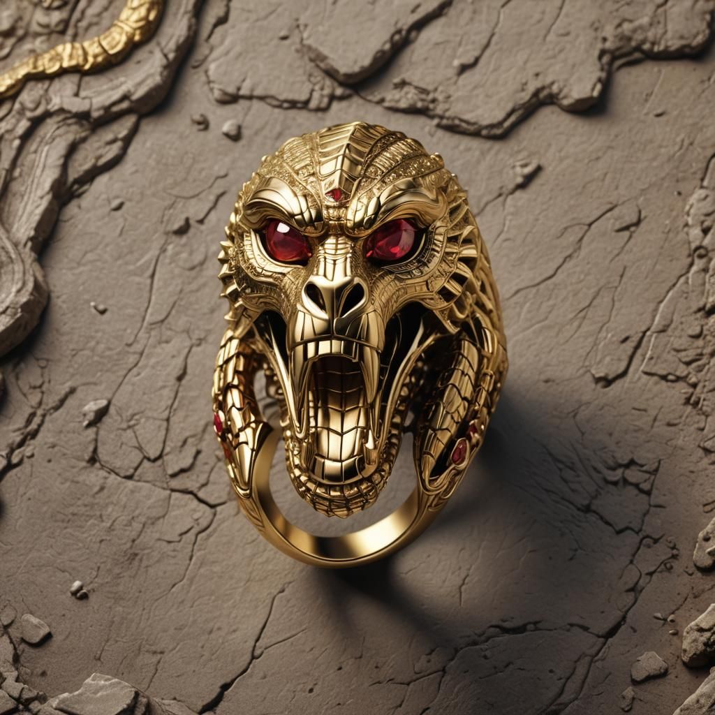 Gold Cobra Ring with Rubies: Hyperrealistic Digital Art