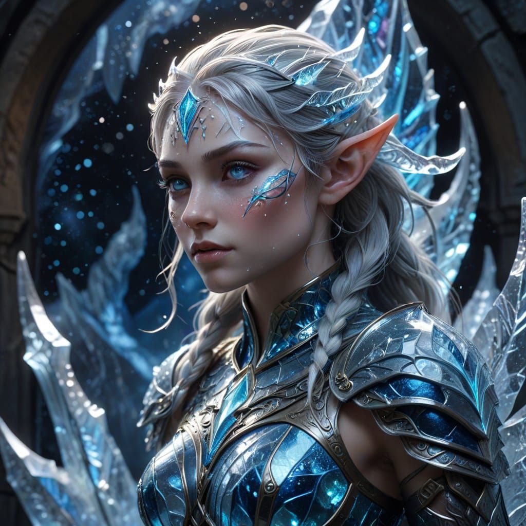 Ice Warrior Elf Portrait with Celestial Stained Glass Glow