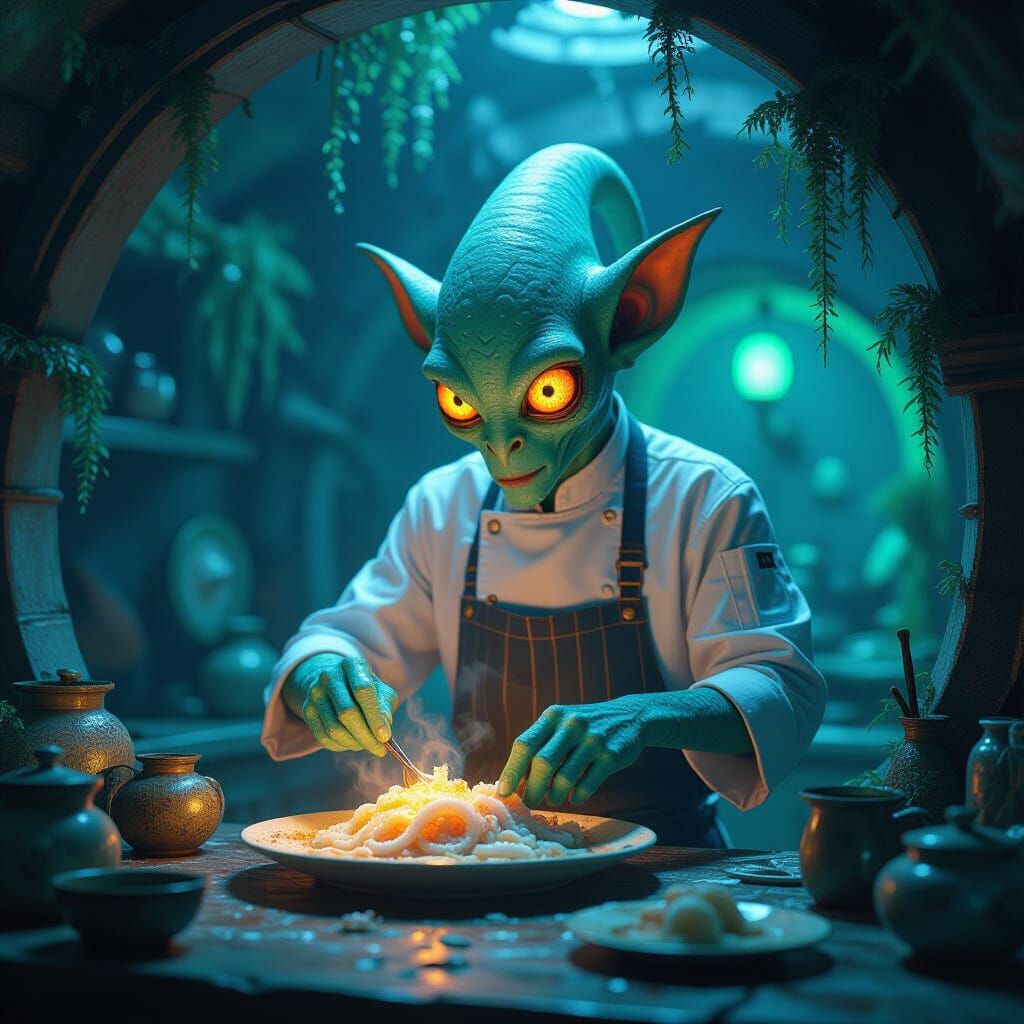 Bioluminescent Cryptid Chef Prepares Calamari Dish