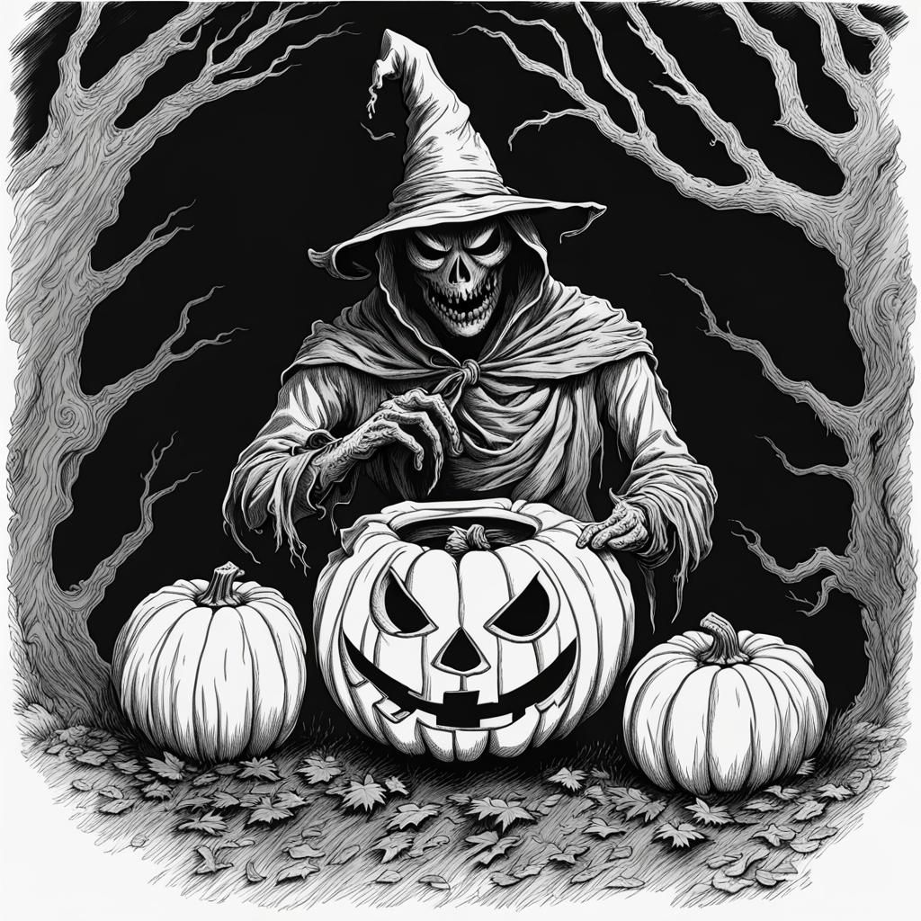 Line Art Jack-O-Lantern in Horror Style