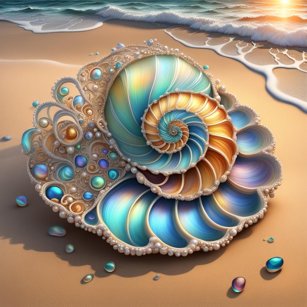 A twisted  iridescent filigree  mollusk shells on a sandy be...