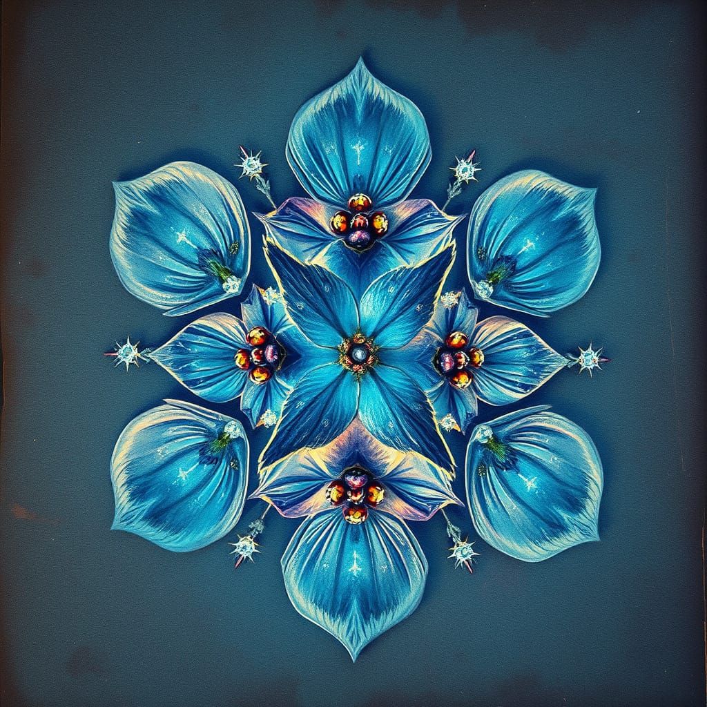 Cyanotype Flowers on Parchment in Art Nouveau Style