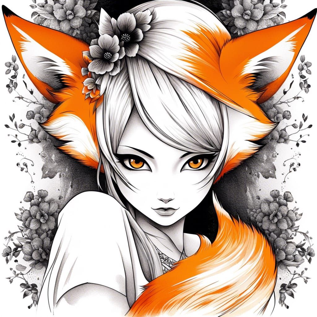 Fox-Girl Hybrid in Chinese Ink Painting Style