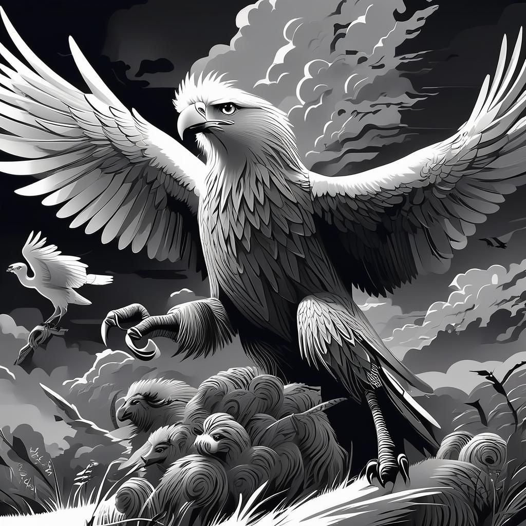 Eagle Hunting Sheep in Grayscale Primitivism Style