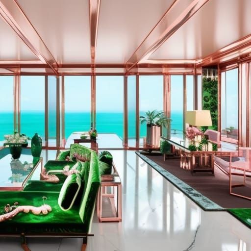 Feng shui Zen penthouse with a nice ocean view with Green marble walls with Rose gold accents& huge rose gold windows& Z...