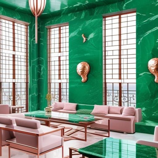 Feng shui Zen penthouse with a nice ocean view with Green marble walls with Rose gold accents& huge rose gold windows& Z...