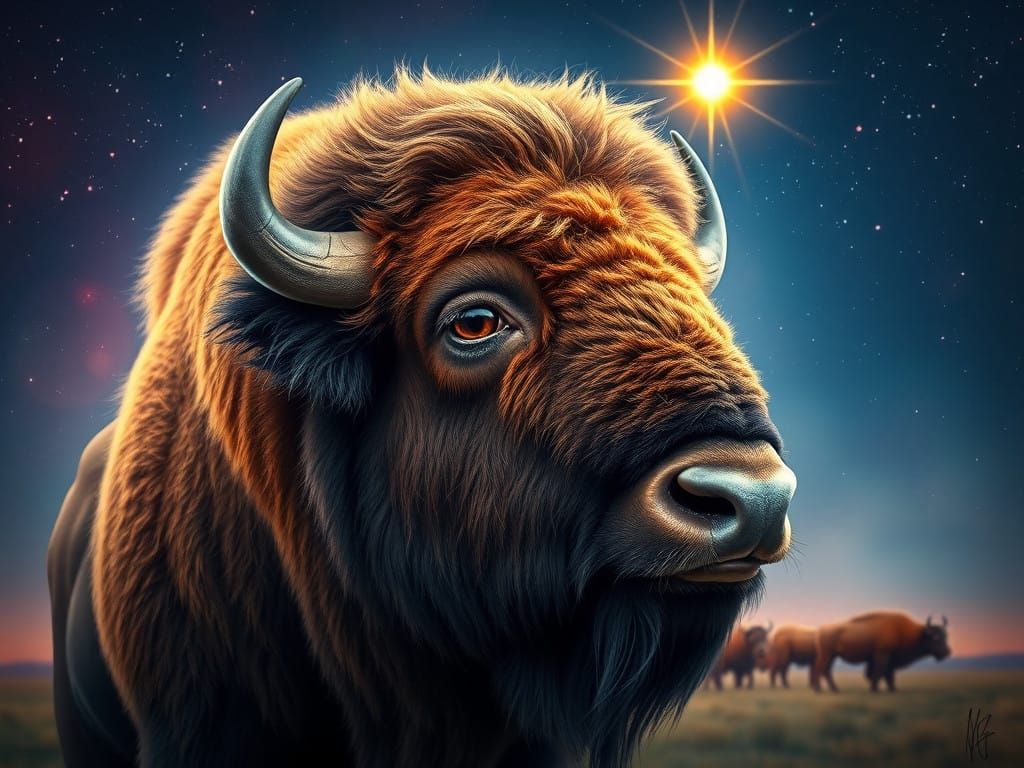 Surreal Starlit Bison in Hyperrealistic Splash Art Style