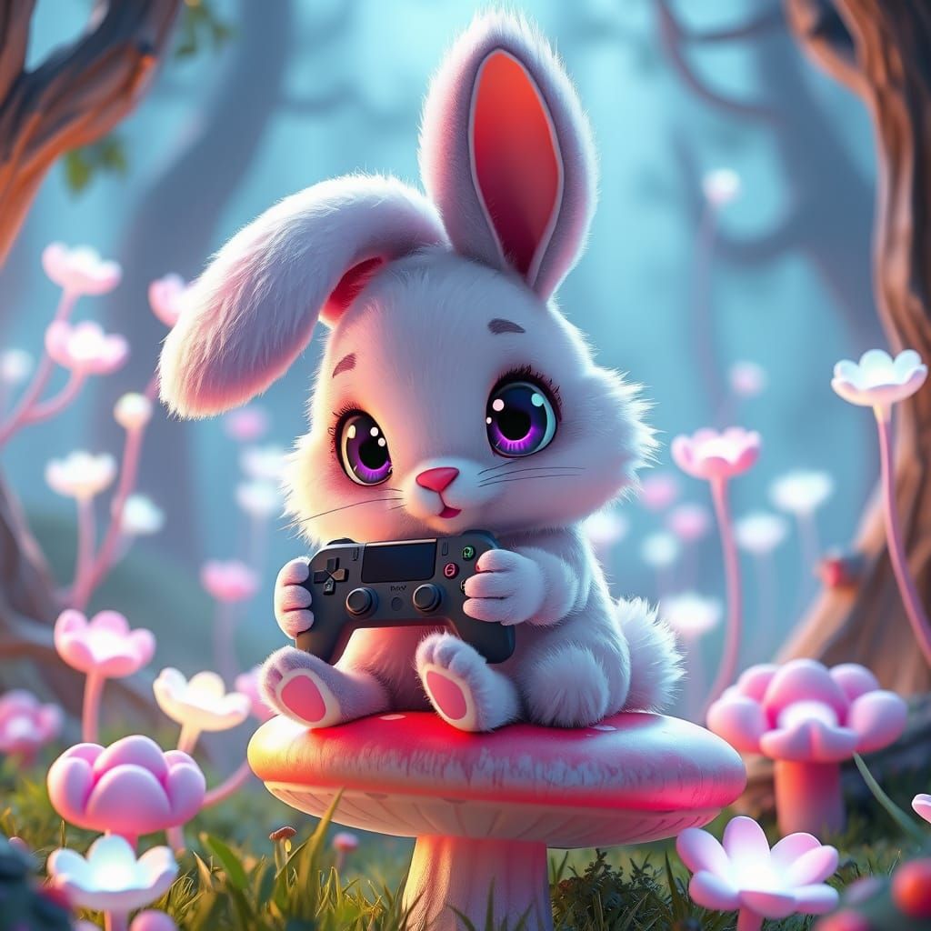 Whimsical Anime Bunny Plays Video Games in Enchanted Forest