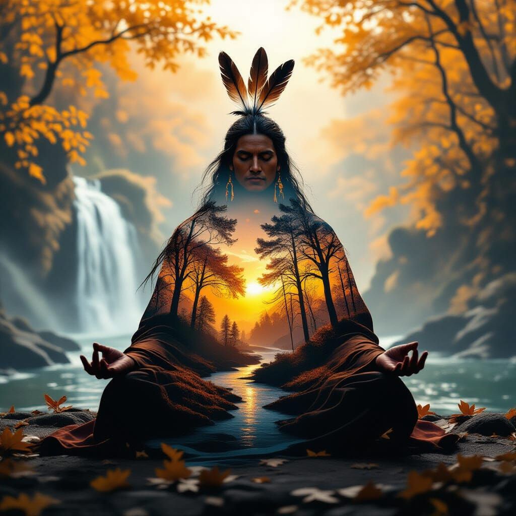 Native Spirit Guide Meditation in Autumn Forest Double Expos...