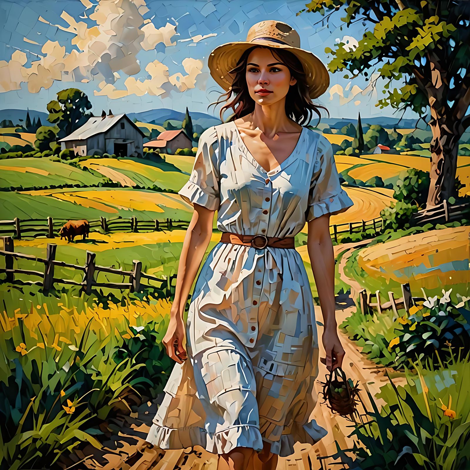Woman Walks Through Farm in Impasto Style