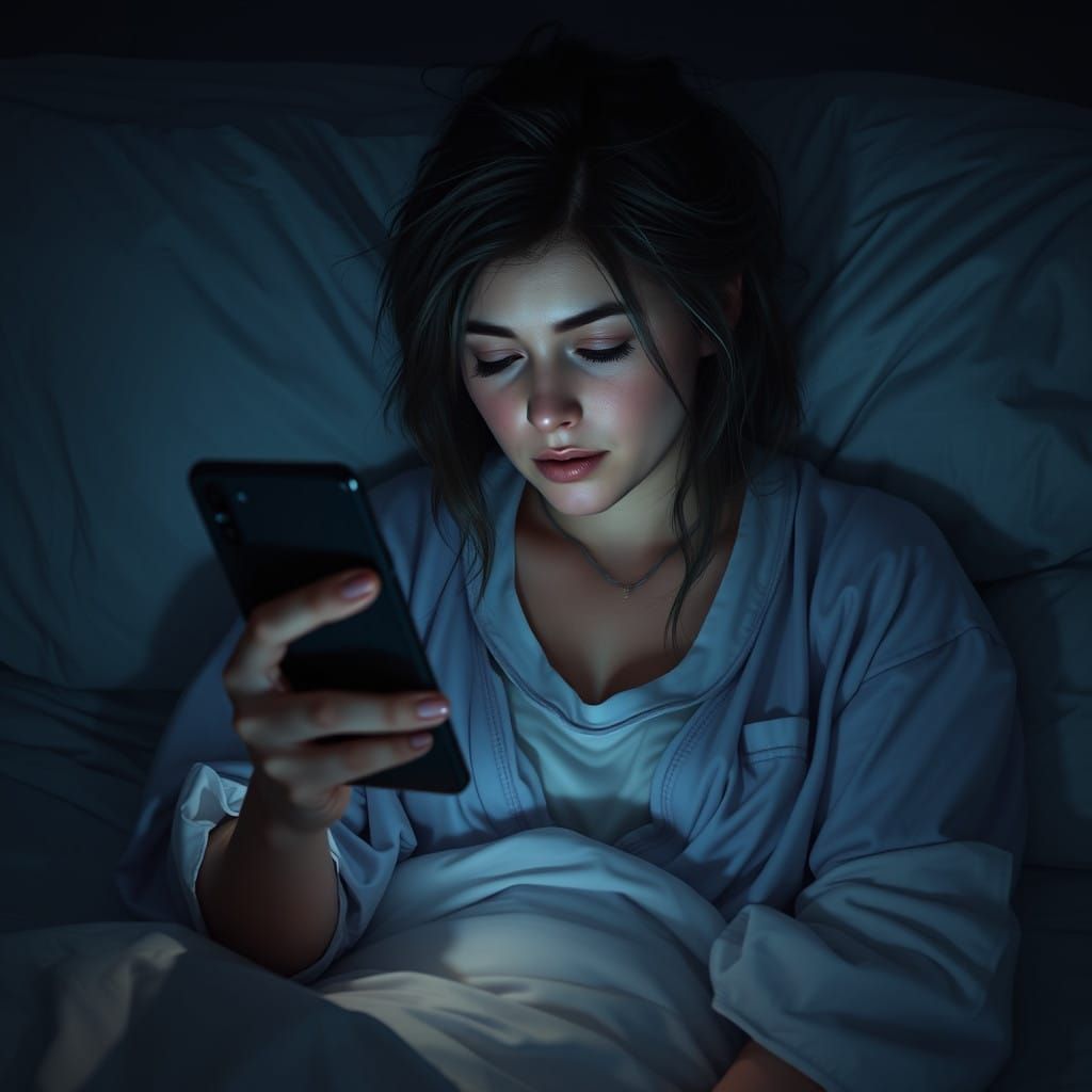 Tired Woman in Nightshirt Gazes at Phone in Bed, Detailed Ma...