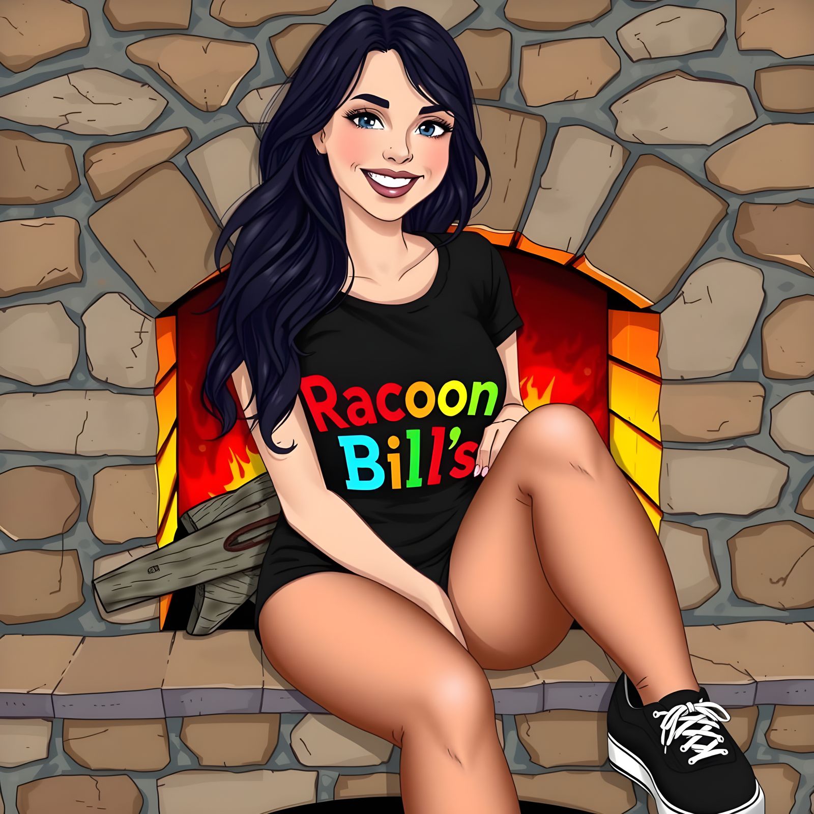 Cozy Rockstar Woman Sits by Fireplace