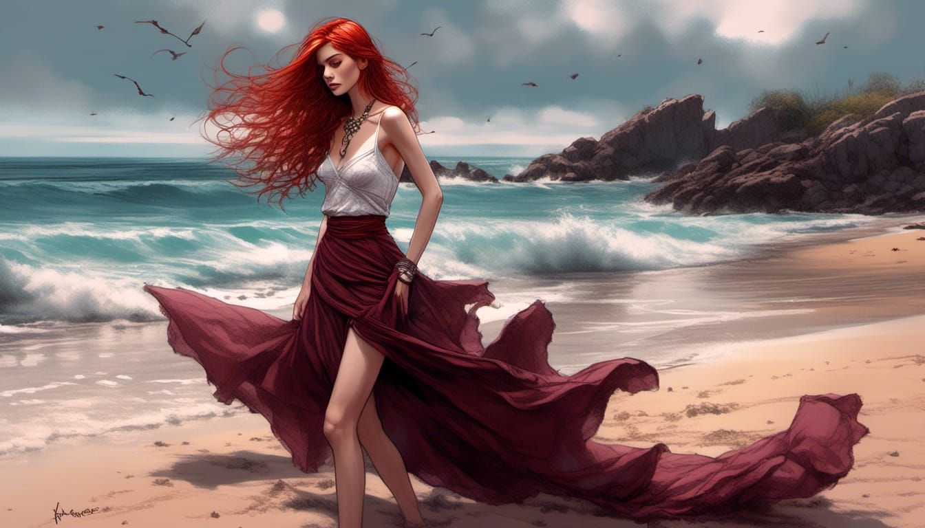 Redhead Woman on Beach in Fantasy Sketch Style