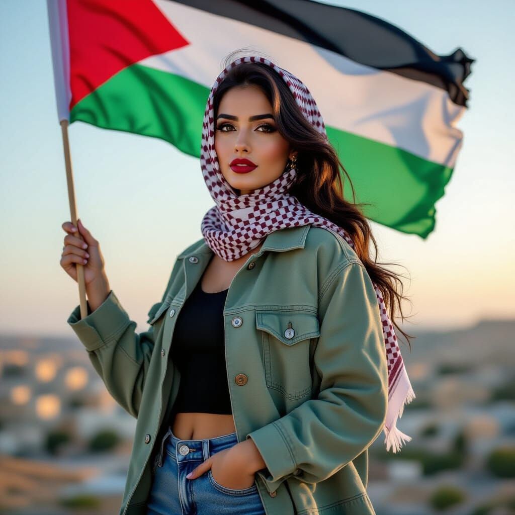 Palestinian Woman with Flag in Photographic Realism