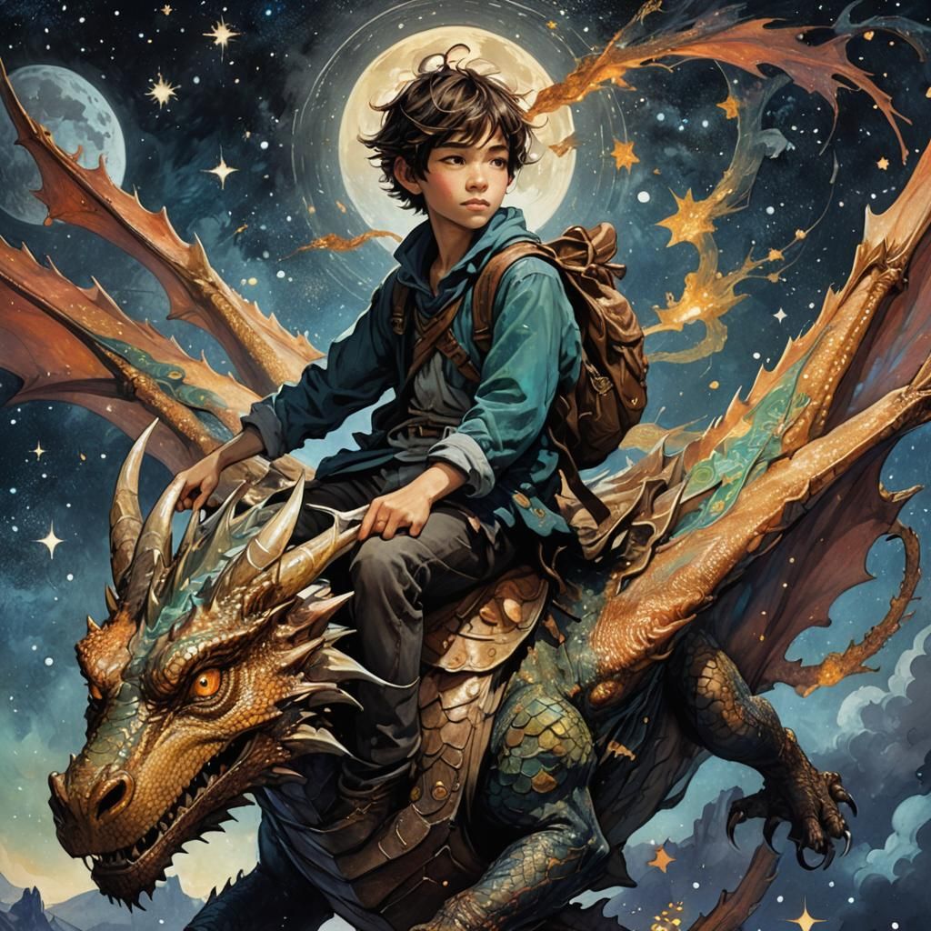 Boy Rides Dragon in Starry Sky: Digital Art