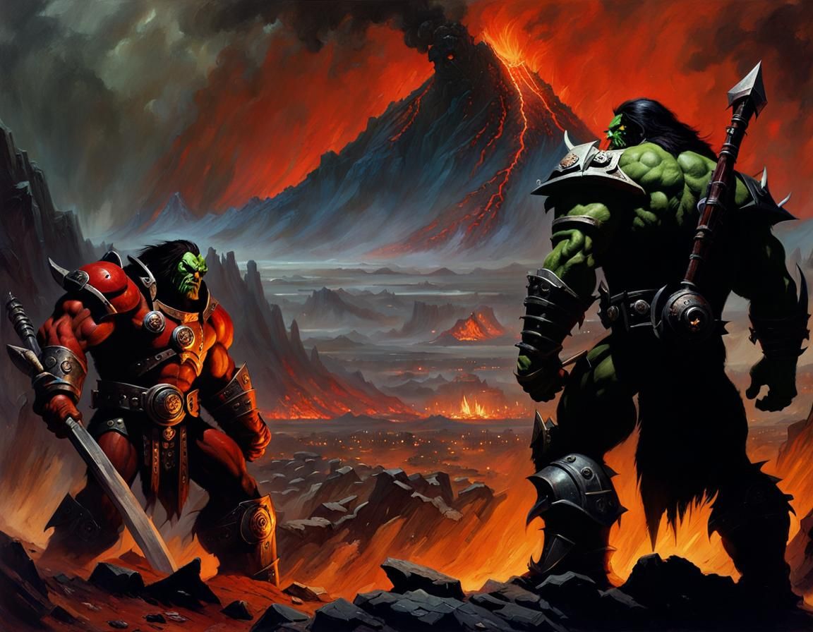 Orc Duel in Volcanic Wasteland, Dark Fantasy Style