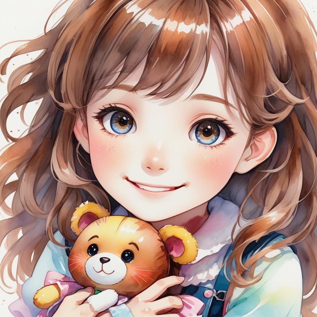Vibrant Anime Portrait of Smiling Girl with Doll