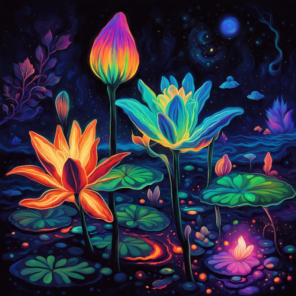 Mystical Lily in Neon Aura, Surrealist Painting