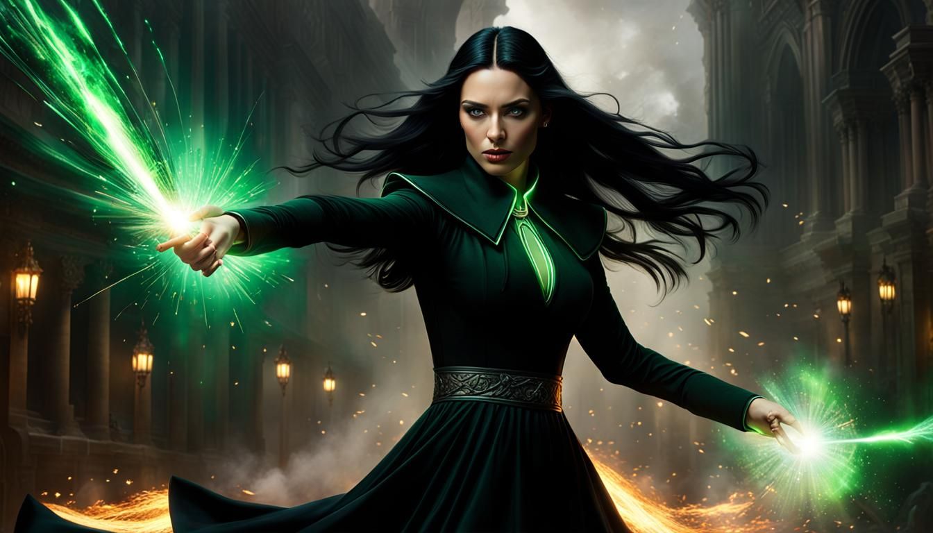 Young Woman Wields Magic in Dark Fantasy Art