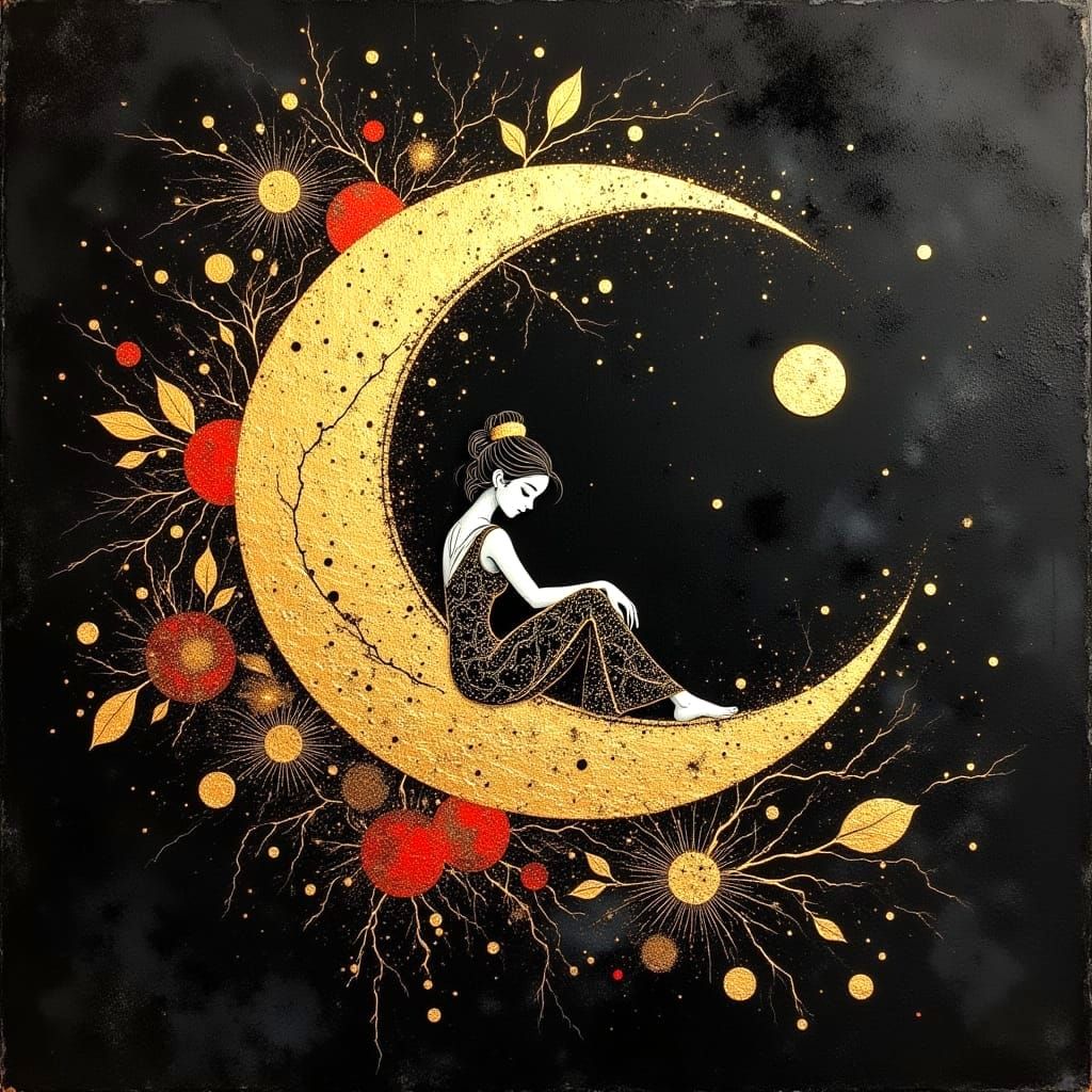 Moon Goddess in Burnished Gold and Ink Style